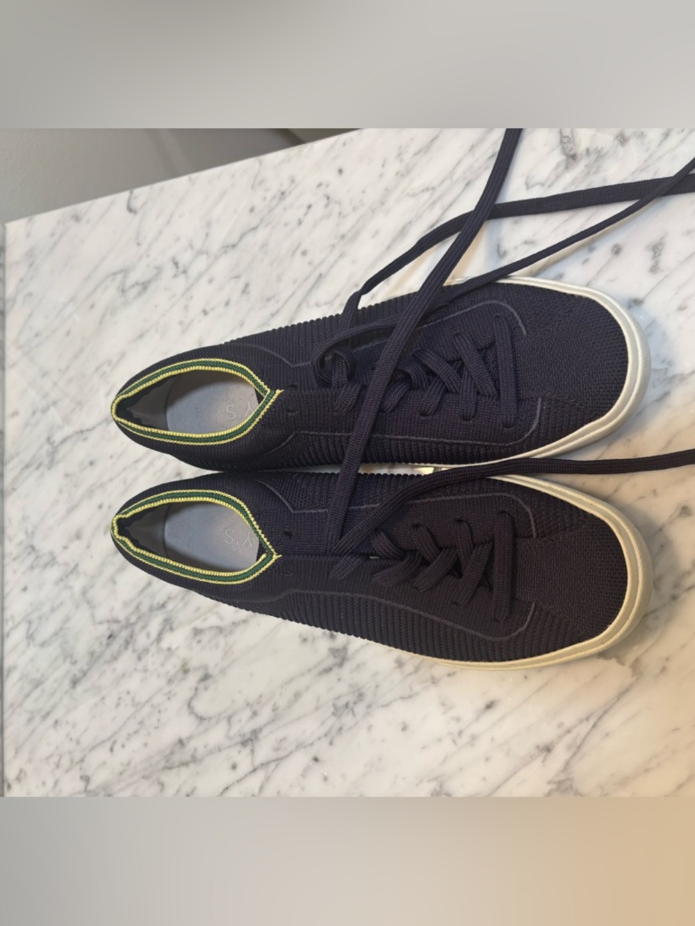 Rothy’s Navy Knit Lace-Up Sneakers with Yellow Trim